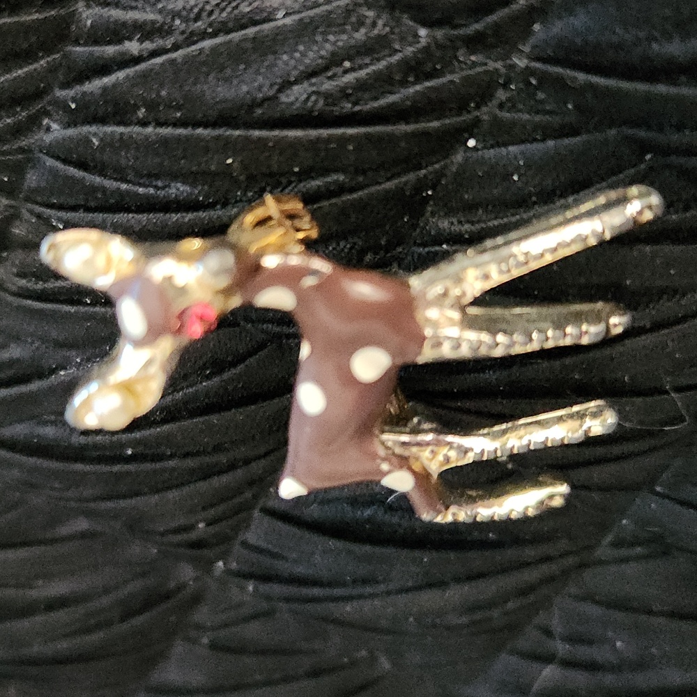 Vintage brooch of a small deer. Enamel brown, white spots, red eyes, gold tone